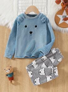 2 件装小男孩可爱熊法兰绒休闲舒适家居服套装，长袖衬衫和裤子 - 彩色 - 查看 1