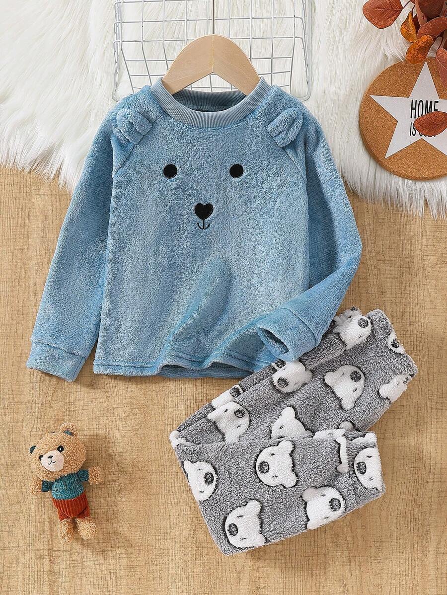 2 件装小男孩可爱熊法兰绒休闲舒适家居服套装，长袖衬衫和裤子 - 彩色 - 查看 1