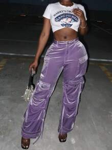 Multi-Pocket Velvet Tassel Decor Casual Cargo Pants, Fashion - 紫色 - 查看 3