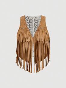 GENKIRA 波西米亚风户外 INS 风格时尚流苏和串珠女式夹克，秋季 - 卡其色 - 查看 2