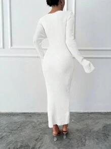 EURMUSE Solid Color Split Bell Sleeve Sweater Dress - White - View 2