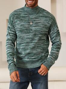 Manfinity Homme Men Casual Marled Knit Colorful Stand Collar Drop Shoulder Loose Pullover Long Sleeve Sweater, Autumn/Winter, For Going Out, Husband - Green - View 5