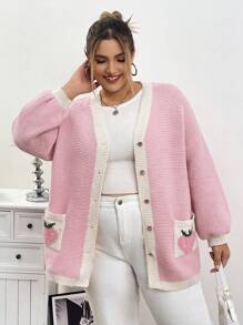 SHEIN CURVE+ Áo len cardigan hở cổ họa tiết dâu tây màu hồng Giáng sinh cỡ lớn, mùa thu/đông - Màu Hồng baby - Xem 8