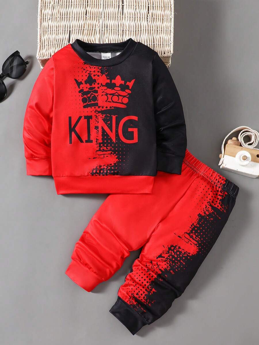 男婴渐变皇冠 KING 字母图案黑黄长袖圆领运动衫和慢跑裤,两件套印花运动休闲 3D 印花街头运动服基本款秋冬 - 紅色 - 查看 1