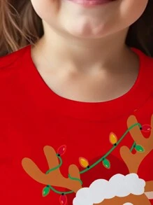 SHEIN Áo thun ngắn tay cổ tròn màu đỏ, kiểu dáng tối giản, in hình tuần lộc hoạt hình dễ thương dành cho bé gái, thích hợp cho mùa hè. - Nhiều màu - Xem 3