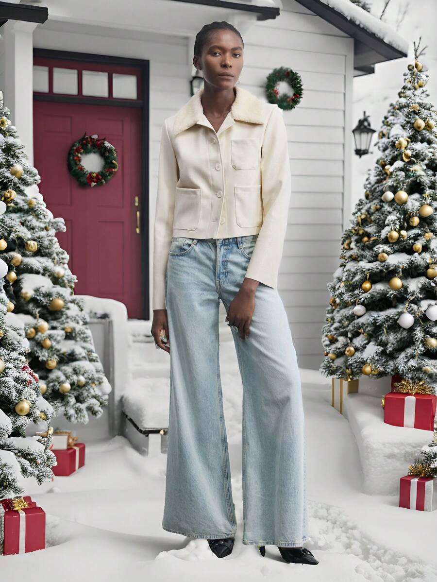 Maija 女士杏色和米色纹理 PU 毛领单排扣长袖蓬松拼接简约夹克，圣诞休闲外套 - 白色 - 查看 1