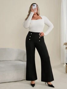 RueChic Plus Women's Double Breasted Button Decoration Flared Pants - Black - View 3