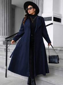 SHEIN LUNE Plus Size Women Elegant Solid Color Big Lapel Button Belted Long Overcoat For Autumn/Winter