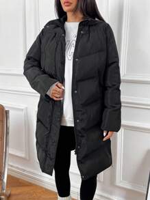 SHEIN EZwear 女士冬季休闲黑色编织连帽棉服外套 - 黑色 - 查看 2