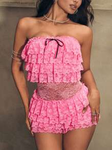 Zolique Lace Spliced Bow Decor Ruffled Tube Top Jumpsuit, Casual Holiday Attire - Pink - View 1