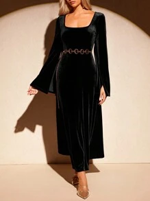 SHEIN Clasi Women's Autumn/Winter Elegant Fashion Versatile V-Neck Velvet Dress