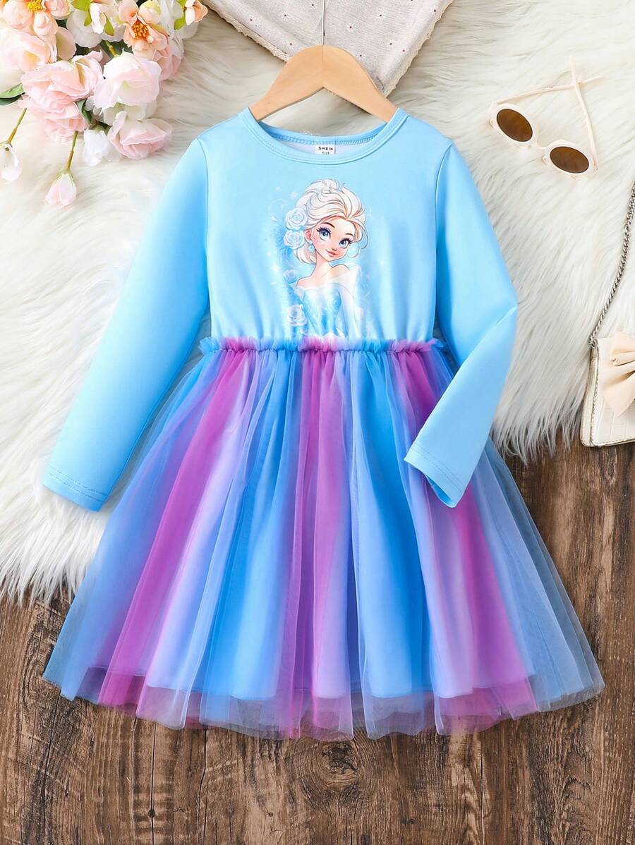 SHEIN 年轻女孩卡通冰雪奇缘公主图案搭配网眼下摆公主裙，适合生日礼物、圣诞礼物、新年礼物、聚会、郊游、度假、休闲装，适合夏秋春冬，温暖、舒适、时尚、可爱，适合甜美女孩