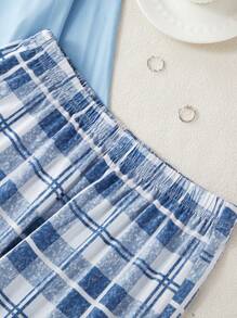 Set de pijama de 2 piezas con estampado de ballena y letras de manga larga, con pantalón a cuadros