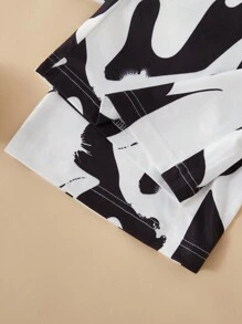 2pcs Slogan Print Casual Pullover Long Sleeve Pajama Set, Black White Color Block Print Pants - Black and White - View 4