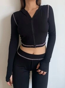 SHEIN BASICS 2 Pieces Set Casual Solid Color Knit Round Neck Long Sleeve Fitted T-Shirt & High Waisted Skinny Pants For Women