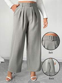 Franclia 大码休闲和工作纯色褶皱直筒裤 - 灰色 - 查看 1