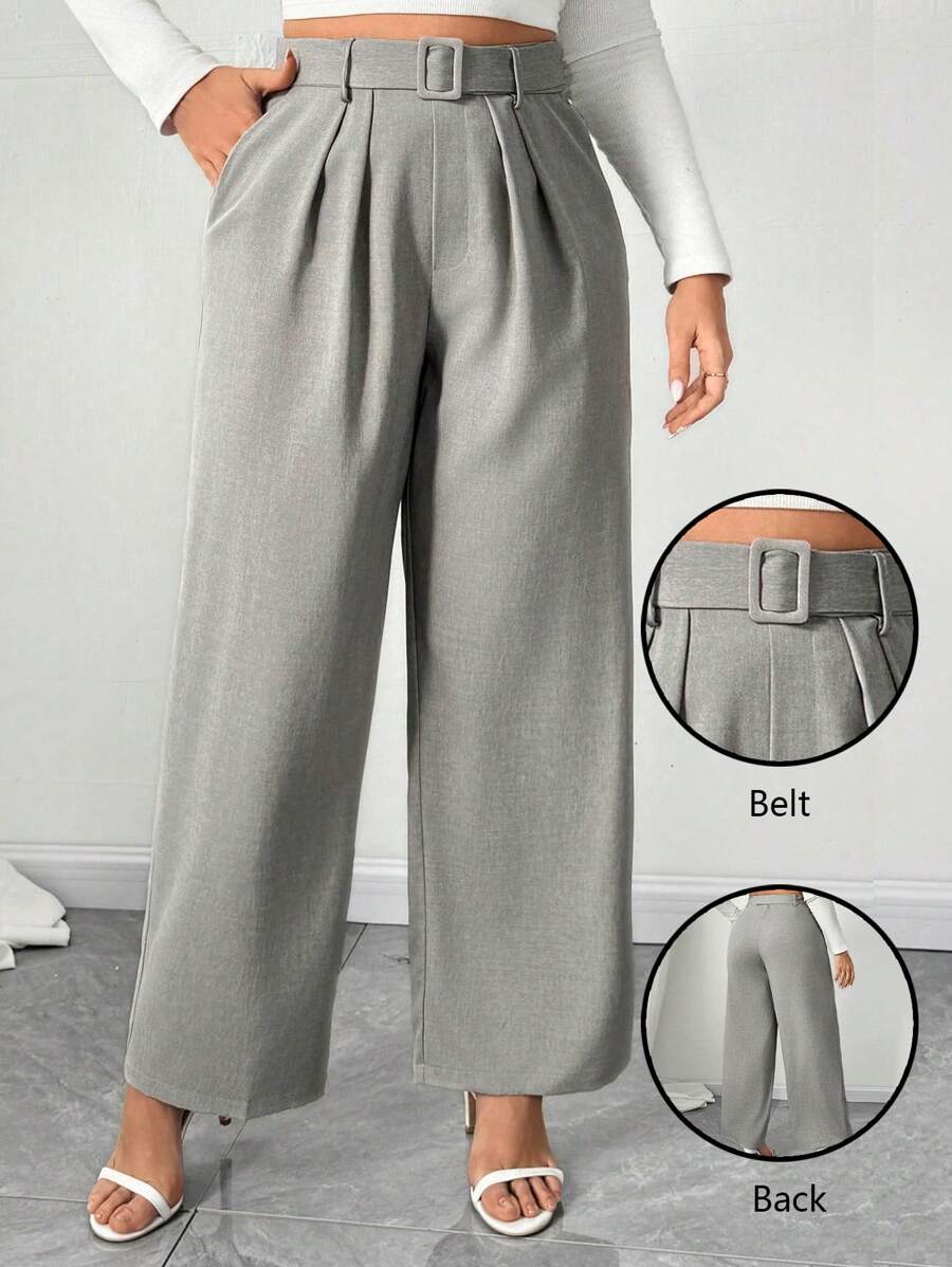 Franclia 大码休闲和工作纯色褶皱直筒裤 - 灰色 - 查看 1