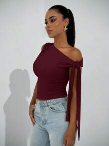 SHEIN BAE 女式不对称领斜肩带上衣，优雅日间约会外出休闲俱乐部派对装，秋季 - 酒紅色 - 查看 5