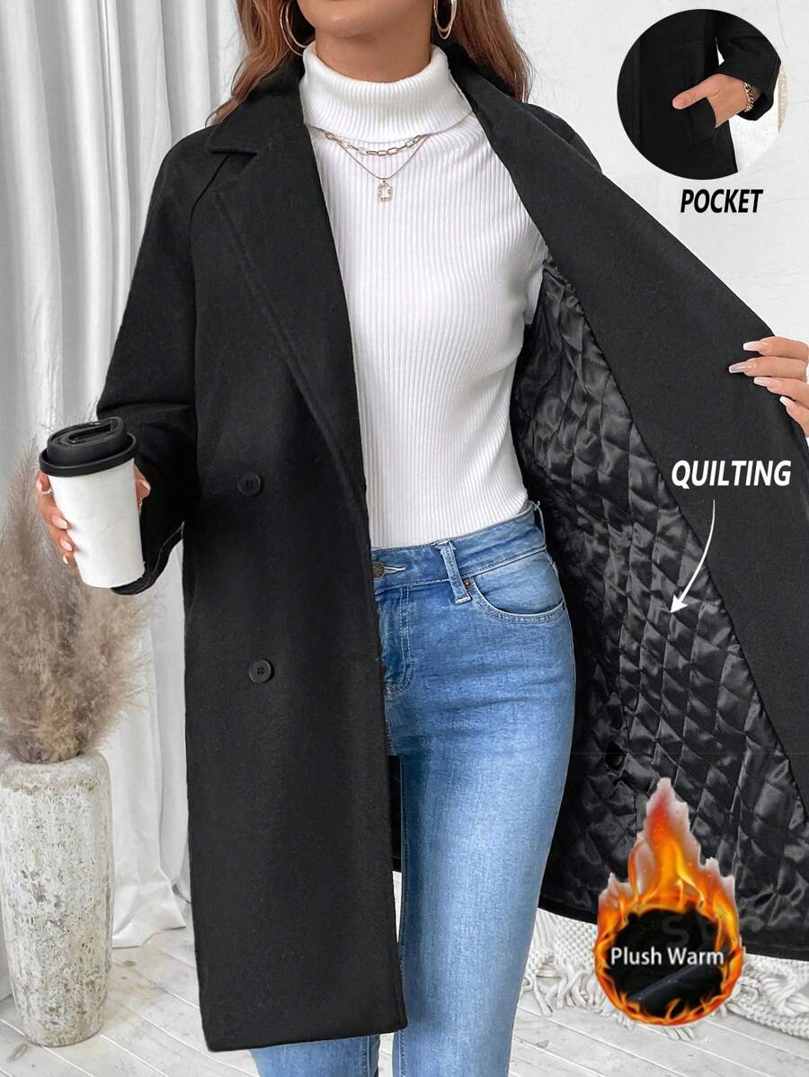 SHEIN LUNE 女装英伦复古优雅休闲度假居家聚会秋冬黑色羊毛夹棉内衬保暖加厚带侧袋插肩袖长袖西装领纽扣中长款大衣外套
