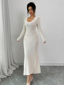 Chiquease Vestido de cuello alto con forro grueso, vestido elegante de encaje con parches, otoño - Albaricoque - Ver 7