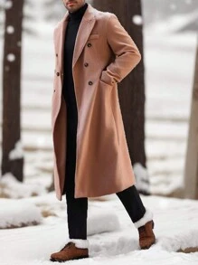 Manfinity Mode Áo khoác nam trơn hai hàng khuy, thường ngày cho mùa thu/đông - Màu Khaki - Xem 3