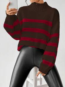 SHEIN Unity Women Casual Colorblock Striped Pattern Loose Fit Turtleneck Pullover Sweater, Autumn/Winter Knit Pullover Fall - Brown - View 5