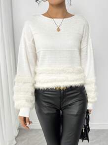 SHEIN LUNE Women Casual Solid Color Patchwork Fluffy Dropped Shoulder Loose Pullover Sweater