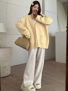 DAZY Women's Solid Color Drop Shoulder Long Sleeve Dual Pocket Casual Loose Knit Cardigan, Autumn/Winter Jacket - Yellow - View 2