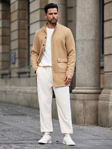 Manfinity Homme 男士纯色长袖单排扣口袋休闲大衣，秋冬 - 薑色 - 查看 5