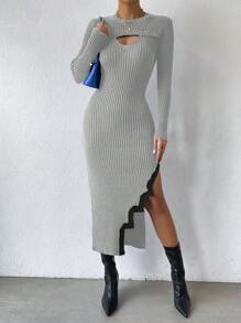 SHEIN Unity 女士纯色拼布圆领长袖镂空简约休闲连衣裙 - 彩色 - 查看 4