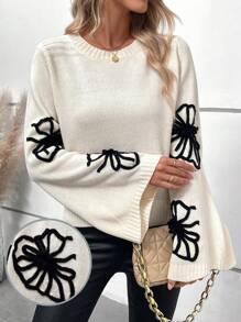 SHEIN LUNE Suéter casual de malha com estampa floral em cores contrastantes e mangas flare, ideal para outono/inverno. - Damasco - Ver 1