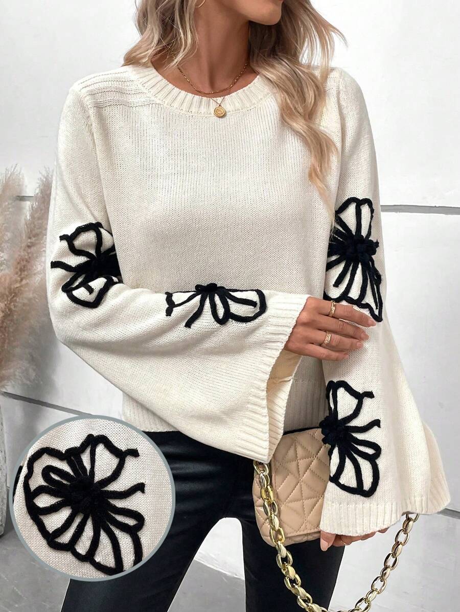 SHEIN LUNE Suéter casual de malha com estampa floral em cores contrastantes e mangas flare, ideal para outono/inverno. - Damasco - Ver 1