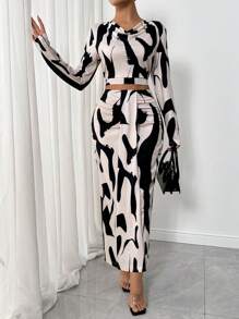 RosyDaze 2 件套女士弹力印花高领褶皱连衣裙，牛奶质感 - 杏色 - 查看 3