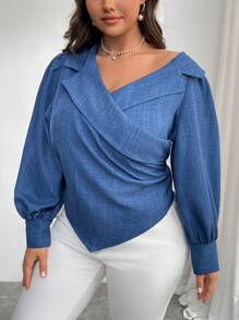SHEIN Privé Plus Size Comfortable Casual Elegant Commute Daily Versatile Denim Effect Asymmetrical Collar Lantern Sleeve Pleated Asymmetric Hem Women Long Sleeve Blouse, Autumn/Winter