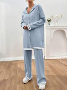 EURMUSE Women Stripe Pattern Pocket Detailed Front Button Cardigan & Sweater Pants Set - Baby Blue - View 5