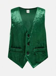 3pcs Tween Boy Christmas Green Velvet Vest, Shirt, And Pants Clothes Set, Gentleman Style Suitable For Holiday Party, School And Formal Occasions