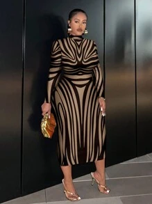 Slaydiva Minimalist Style Plus Size Artistic Line Pattern Crew Neck Fitted Long Dress, Suitable For Autumn & Winter Chic Dress - Multicolor - View 1