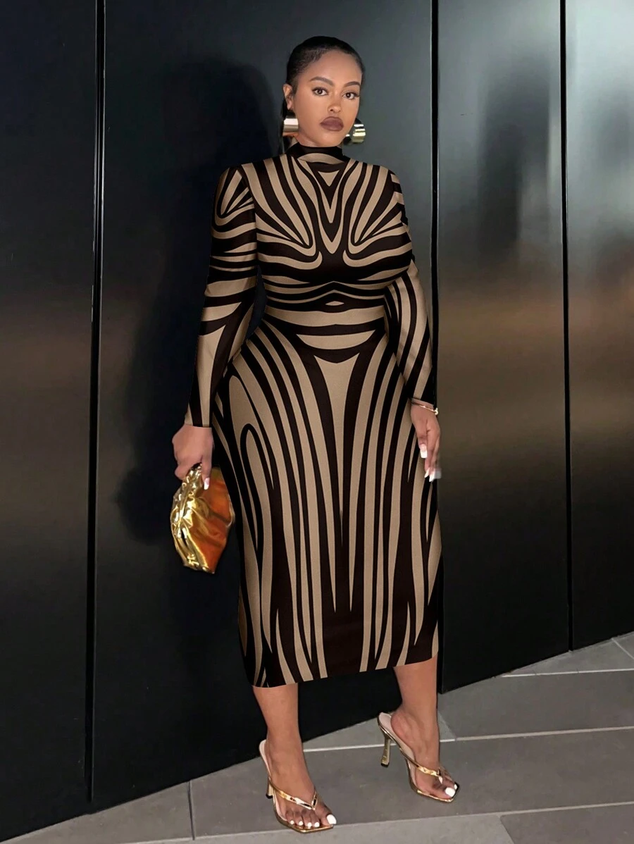 Slaydiva Minimalist Style Plus Size Artistic Line Pattern Crew Neck Fitted Long Dress, Suitable For Autumn & Winter Chic Dress - Multicolor - View 1