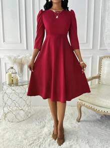 SHEIN Unity 优雅时尚百搭日常约会圆领七分袖收腰喇叭长款红色连衣裙，适合女士新年穿着，及地长裙装。 - 紅色 - 查看 6