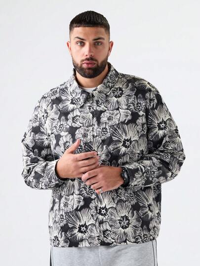 Manfinity VCAY 加大码男士宽松花卉印花梭织长袖夹克，外出拉链彩色图案休闲夹克，适合朋友、丈夫、男朋友的礼物，适合秋冬