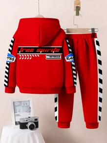 SHEIN Leap Crew 年轻男孩休闲宽松舒适长袖套头连帽衫 2 件套，简约设计，适合秋冬季 - 彩色 - 查看 6