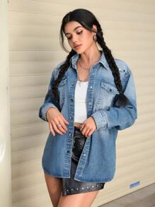 SHEIN EZwear Casual Washed Flap Pocket Denim Shirt, Autumn