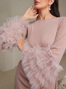 Veilorie Women's Autumn Contrast Mesh Ruffled Hem Modest Long Sleeve Dress - Pink - View 2