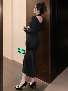 DAZY 亮片鱼尾摆中长鸡尾酒礼服，修身小黑裙，新年舞会礼服，荷叶边，秋季长袖连衣裙，奢华优雅女士闪亮连衣裙 - 黑色 - 查看 5