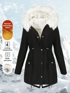 Chiquease Płaszcz Parker z kapturem, gruby, regularny, z futrzanym kołnierzem, damskie ubrania zimowe, termiczne