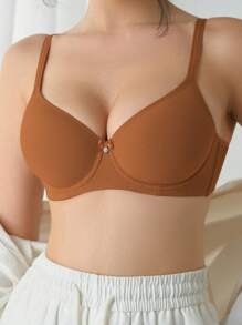 1pc Women Solid Color Spaghetti Strap Bow Decor Underwire Lingerie Bra