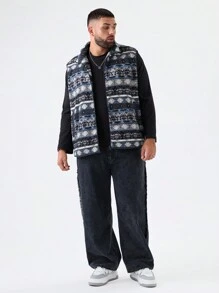 Manfinity VCAY Plus Size Men's Double-Faced Plush Elephant Printed Zipper Sleeveless Vest, Going Out Black Colorful Graphic Casual Flannel Vest, For Friends, Husband, Boyfriend Gifts, For Fall Winter - Royal Blue - View 3