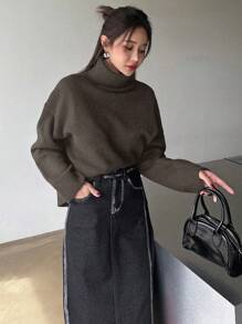 DAZY 女士休闲日常纯色宽松落肩高领套头毛衣，秋冬，秋季女装 - 深灰色 - 查看 4