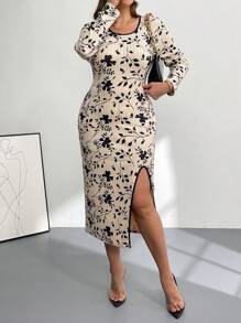 SHEIN Clasi Plus Size Ribbed Tie-Dye Square Neck Split Hem Dress - Multicolor - View 1