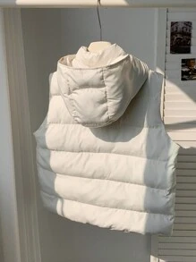 Comfortcana Áo gió trùm đầu không tay thường ngày có đệm, màu trơn, quần áo mùa đông - Màu be - Xem 2